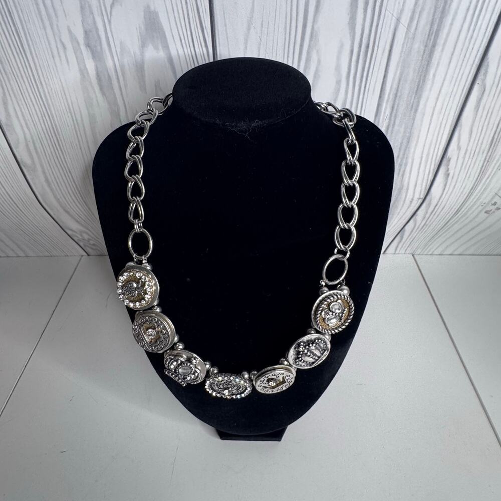 Vintage Y2K Statement Necklace Silver Rhinestone Button Circular